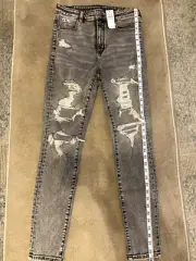 NEW American Eagle Next Level Flex Ripped Distressed Gray Skinny Jeans Women's 8
