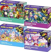 QUOKKA Set of 4x60 Pieces Glow Puzzles for Kids Ages 4-6 - Glow Jigsaw Puzzles for Toddlers 3-5 - Unicorn Princess Fairy Mermaid for Children 6-8 yo - Gift Educational Game for Boys & Girls