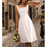 Little White Dresses Glitter Sparkle Wedding Dresses A-Line Square Neck Sleeveless Knee Length Stretch Fabric Bridal Suits Bridal Gowns With Pleats Solid Colo