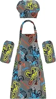AIXIWAWA Kids Apron Chef Hat Set, Child Kitchen Bib Aprons Adjustable for Cooking Baking Painting (Bicycle Sports)