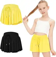 [DOCUMO] 2 Packs Butterfly Shorts for Kids Girls Flowy Shorts with Pocket 2-in-1 Athletic Shorts Running Shorts