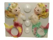 Vintage PY Set Of Mermaid Wall Hanging W/ Bubbles On Original Board