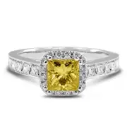 1.63ct Yellow SI1 Princess Natural Certified Diamonds 18k Gold Halo Accent Ring