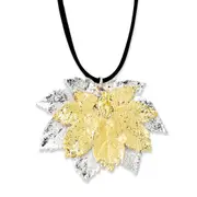 Fashion Silver And 24K Gold Dipped Double Real Full Moon Maple Leaves 20 Inch Leather Cord Necklace