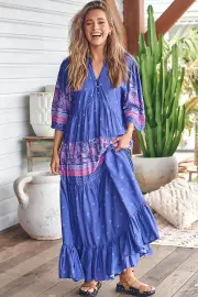 JAASE - Jazmin Maxi Dress: Mandarin Collar Pin Tuck Detailed Smock Dress in Celestial Print