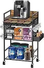 Kwynsa Coffee Bar Cabinet with Power Outlet, Coffee car with Lockable Wheels,Coffee Pod Holder,for Office,Living Room and Small Space,(Rustic Brown)
