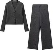 [Zadaos] Womens 2 Piece Knitted Set Single-Breasted Long Sleeve V-Neck Top+Elastic Waist Solid Wide Leg Pants