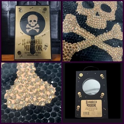 Glam Rhinestone Skull & Crossbone 5x Magnification Hand Held Mirror Halloween