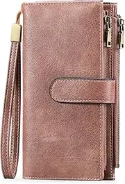 [GOIACII] Leather Women's Wallets,RFID Blocking Large Capacity Long Ladies Purse,with Detachable Wrist Strap, Multiple Card Slots, Zipper Coin Purse, Pink, Vintage