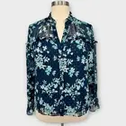 CeCe Button Up Blouse Sz XXL Navy Floral Swiss Dot Ruffle Cottagecore Romantic