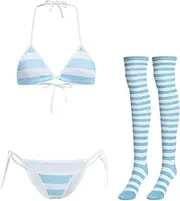 [Generic] Women Cute Lingerie Set Halter Strap Micro Bra Tiny Panty Garter Belt Striped Stockings 4Pcs
