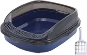 STARTIST Cat Litter Box Open Top Pet Litter Tray, Large with High Side, Semi Closed Cat Sand Box, Kitten Litter Pan for Medium Cats, Dark Blue Large