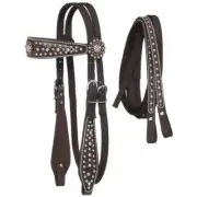Western Brown Leather & Synthetic Set of Headstall and Nylon Reins