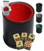 Set of (5) Spanish Poker Dice Bone Tone + Black PU Leather Felt Lined Dice Cup