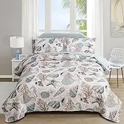 Junsey Beach Bedding Full/Queen Size Lightweight Coastal Bedspreads Ocean Theme,3Pcs Conch Seashell Starfish Quilts Set Nautical Seahorse Coverlet with Pillow Shams（90“x90