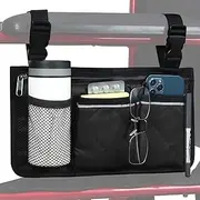 [HSGEZUOQI] Wheelchair Side Bag, Storage Armrest Pouch with Cup Holder and Reflective Strip for Most Wheelchairs, Walkers or Rollators (Black)
