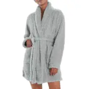 NATORI Gray PLUSH Fleece LOUNGE Belted Cardigan Bathrobe Womens SMALL/MEDIUM NEW