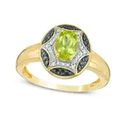 Oval Peridot and Enhanced Black and White Natural Diamond Accent Starburst Frame Ring in Sterling Silver with Solid 14K Gold Plate