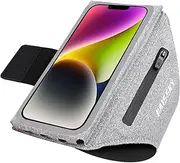 RAZOBWS 6.8'' Running Phone Holder with Earphone Bag, Phone Arm Band for iPhone 16 15 14 13 12 11 Pro Max Galaxy S20-S24 Ultra Armband for Thick Phone Case with Strap Car Key Pocket - Grey