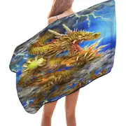 Cool Fantasy Lightning Storm and Golden Dragon Microfiber Beach Towel