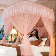 Princess Canopy for Girls 4 Corner Post Double Layer Bed Curtains Canopy with U-Shaped Bracket Bed Decoration 3 Openings Mosquito Net for King Size and Large Queen Size (Size:200×220×210cm,C