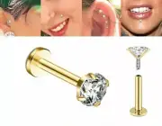 16G GOLD PRONG SET 2mm 3mm CZ GEM INTERNALLY THREAD LABRET LIP STUD TRAGUS RING