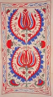 Suzani Table Runner, Uzbek Tulip Flower Design Embroidery, Handmade, Silk, Red
