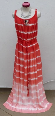 AUTOGRAPH Red Striped Maxi DRESS Size Aus 20 NWT White Beaded Beach Resort Boho