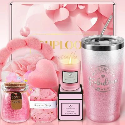 Spa Gift Basket Set for Women Pink Birthday Gift Basket Box for Her Relaxing Sel