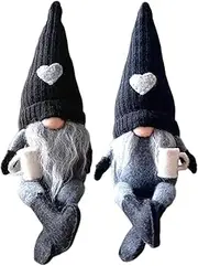 2Pcs Coffee Gnome Plush Doll,Sitting Drinking Plush Swedish Tomte Figurine Plush Elf for Farmhouse Fireplace,Halloween and Christmas Party, Wedding Black,Coffee Bar Decoration (Black)