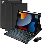 iXTRA Keyboard Case for iPad 9th 8th 7th Gen 10.2 inch, iPad Pro 10.5 inch iPad Air 3rd Gen, Magnetic Detachable Keyboard with Wireless Bluetooth Mouse, 7 Color Backlight Pencil Holder, Black