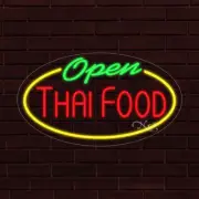 NEW "OPEN THAI FOOD" w/BORDER OVAL 28x16 INCH LED FLEX WINDOW INDOOR SIGN 34406