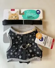 NEW! Whisker City Kitten Cat Harness With Leash Black with Silver Stars