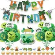 48pcs Dinosaur Party Decorating Set - Birthday Banner - Latex Balloons-- Cake Cupcake Toppers for Kids Birthday Party Decorations
