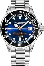 [Stührling] Stuhrling Original Mens Swiss Automatic Silver Stainless Steel Professional DEPTHMASTER Dive Watch Blue Face, 200 M Water Resistant, Brushed and Beveled Bracelet Divers Safety Clasp Screw Down Crown