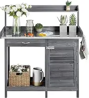 Yaheetech Outdoor Potting Bench Table, Garden Workstation w/Metal Tabletop/Cabinet Drawer/Open Top/Lower Shelf/Handy Hooks for Horticulture,Gray