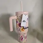Hydrapeak Artisan Collection Beige Pink Floral 40oz Tumbler W/ Handle- NWT