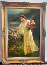 A beautiful young woman picking flowers-oil on canvas-Ornate gold frame