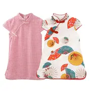 Ethnic Style Lady Tang Suit Dress Printed Cheongsam for Girls
