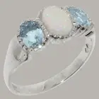 18k White Gold Natural Opal & Aquamarine Womens Trilogy Ring