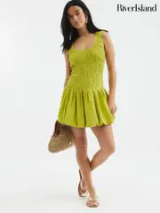 River Island Green Petite Bubble Hem Shirred Mini Dress (W57796) | $88