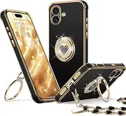 ELEPIK 6D-Stand Series for iPhone 16 Case with Double Ring Kickstand, [Convenient Wrist Strap] Women Girls Bling Luxury Heart Slim Protective Case for iPhone 16, Black