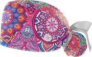 [WOSHJIUK] Working Hat 2 Pack Scrub Caps for Women,Mandalas Ethnic Style Geometric,Tie Back Cap Adjustable Scrub Hat