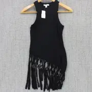 Topshop Fringe Hem Tank Top Womens Size 4-6 Black Solid Boho Sleeveless NWT