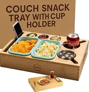 Couch Caddy & Couch Cup Holder Tray: Wooden Couch Caddy with Cup Holder, Silicone Snack Caddy, Phone and TV Remote Control Storage, Perfect Couch Accessories for Sofa, Bed, RV, Car