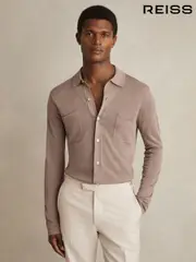 Reiss Taupe Brown Mellor Button-Through Knit Shirt With Linen (F18355) | $195