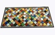 Black Marble Dining Table Top Multicolor Gemstone Inlay Work Conference Table