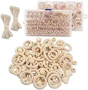 AIMALL 414pcs DIY Wooden Beads Kit - Round and Shaped Log Colour Beads with Rings, Twine for Crafting, Jewellery Making, Farmhouse Home Decorations