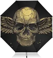 [PDZRMY] Skull Golden Wings UV Protection Travel Umbrella Compact for Rain and Sun - Auto Open and Close UPF 50+ Windproof Portable 46” Sun Umbrella for Women and Men