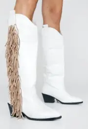 Nasty Gal, White faux leather 2.5" block heel tassled cowboy girl boots, size 8